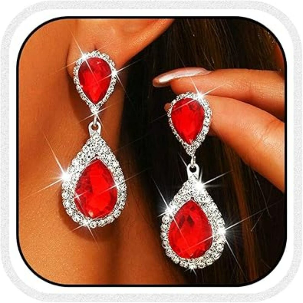 Crystal Earrings Silver‎ Rhinestone Ear Rings Teardrop Jewelry Silver & Red